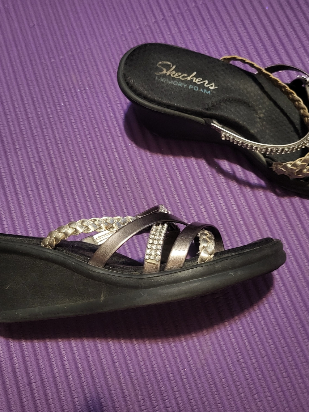Skechers Women's Metallic Bronze Braided Slide Sandals with Rhinestone Straps - Picture 2 of 2